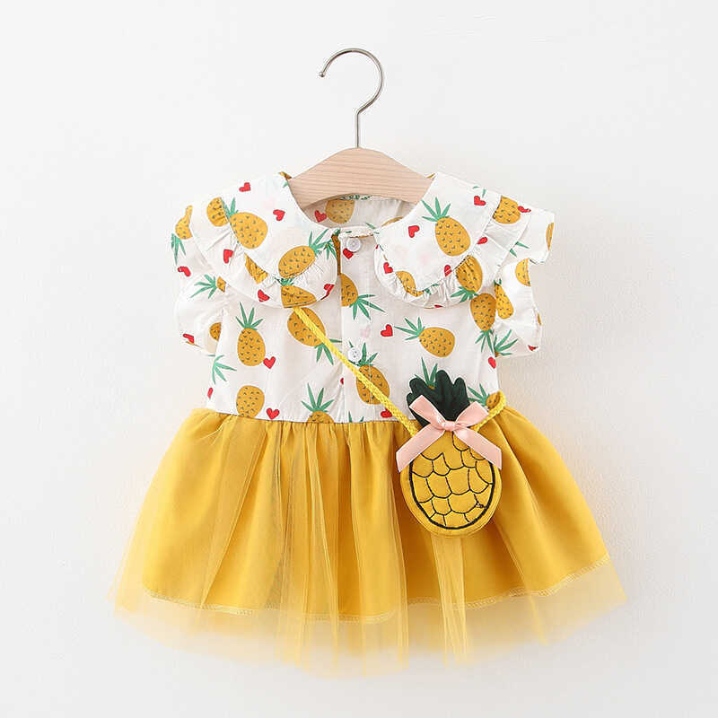 Ananas Detaylı Sarı Tül Etek Elbise Ve Çanta 2'li Set