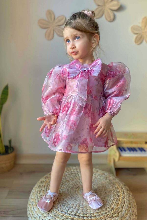 Pembe Balon Kol Fiyonklu Kız Çocuk Organze Elbise - Thumbnail