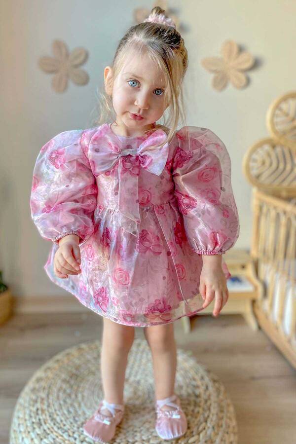Pembe Balon Kol Fiyonklu Kız Çocuk Organze Elbise - Thumbnail