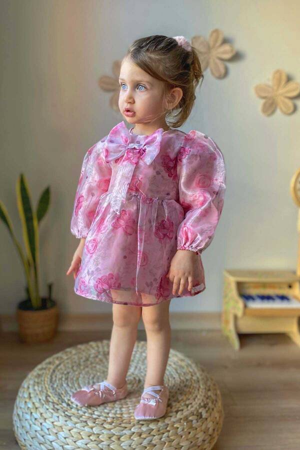 FW21 - Pembe Balon Kol Fiyonklu Kız Çocuk Organze Elbise
