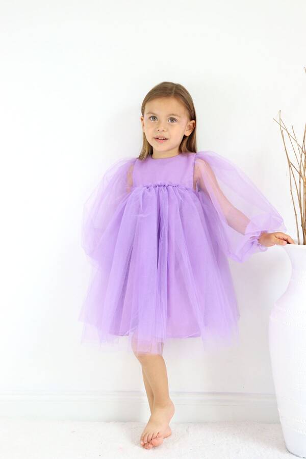ss23 - Lila Balon Tül Kol Kız Çocuk Tütü Elbise (1)