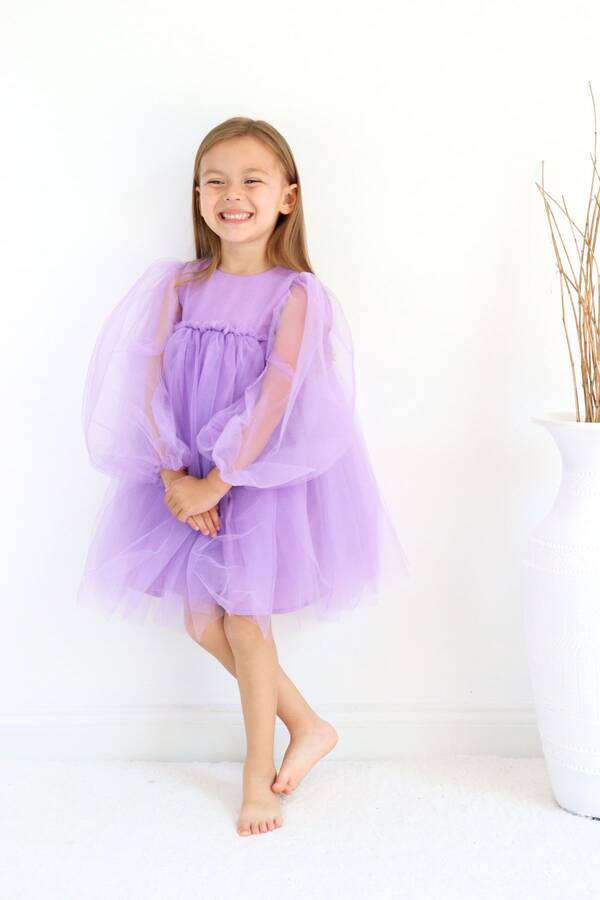 ss23 - Lila Balon Tül Kol Kız Çocuk Tütü Elbise