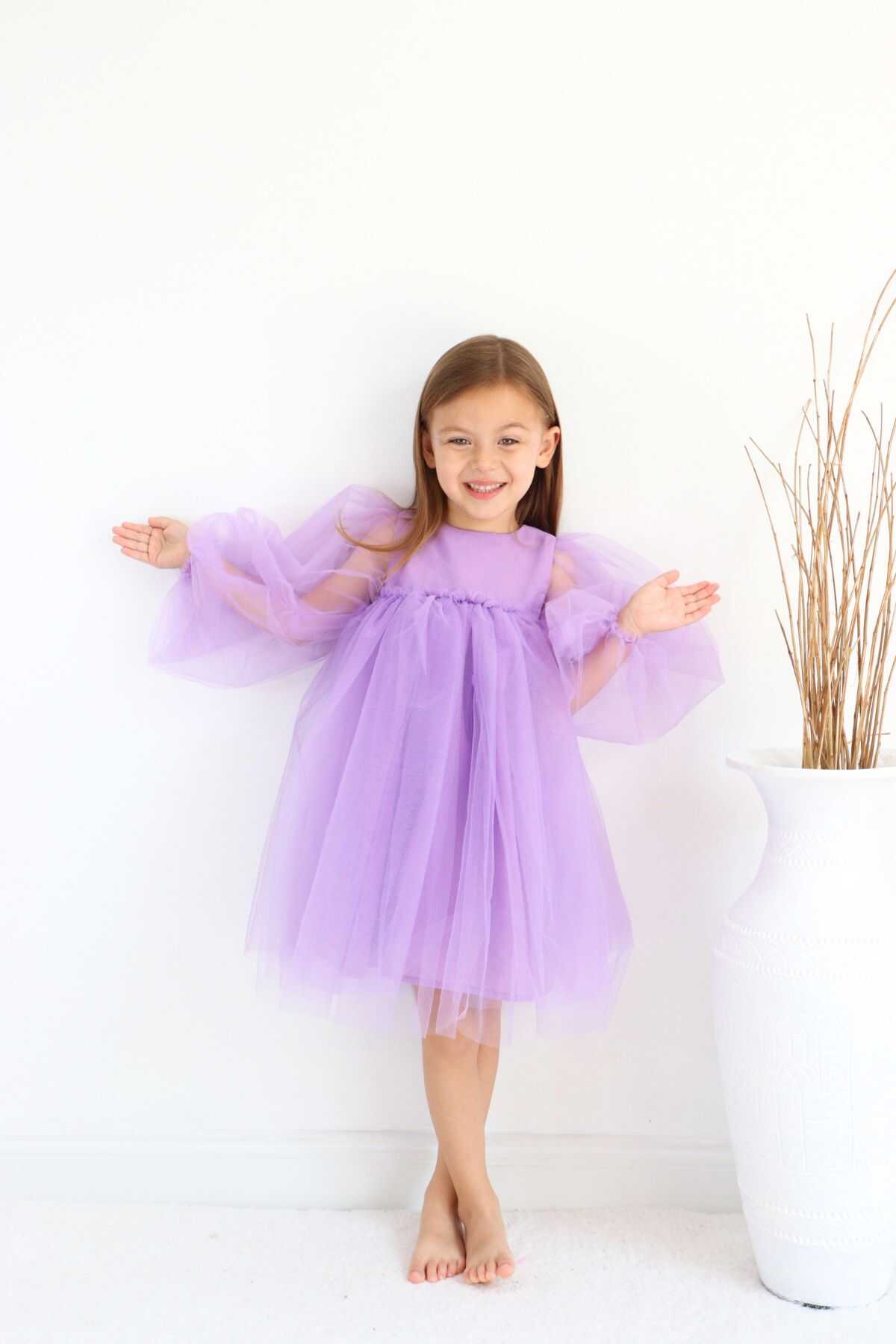 Lila Balon Tül Kol Kız Çocuk Tütü Elbise