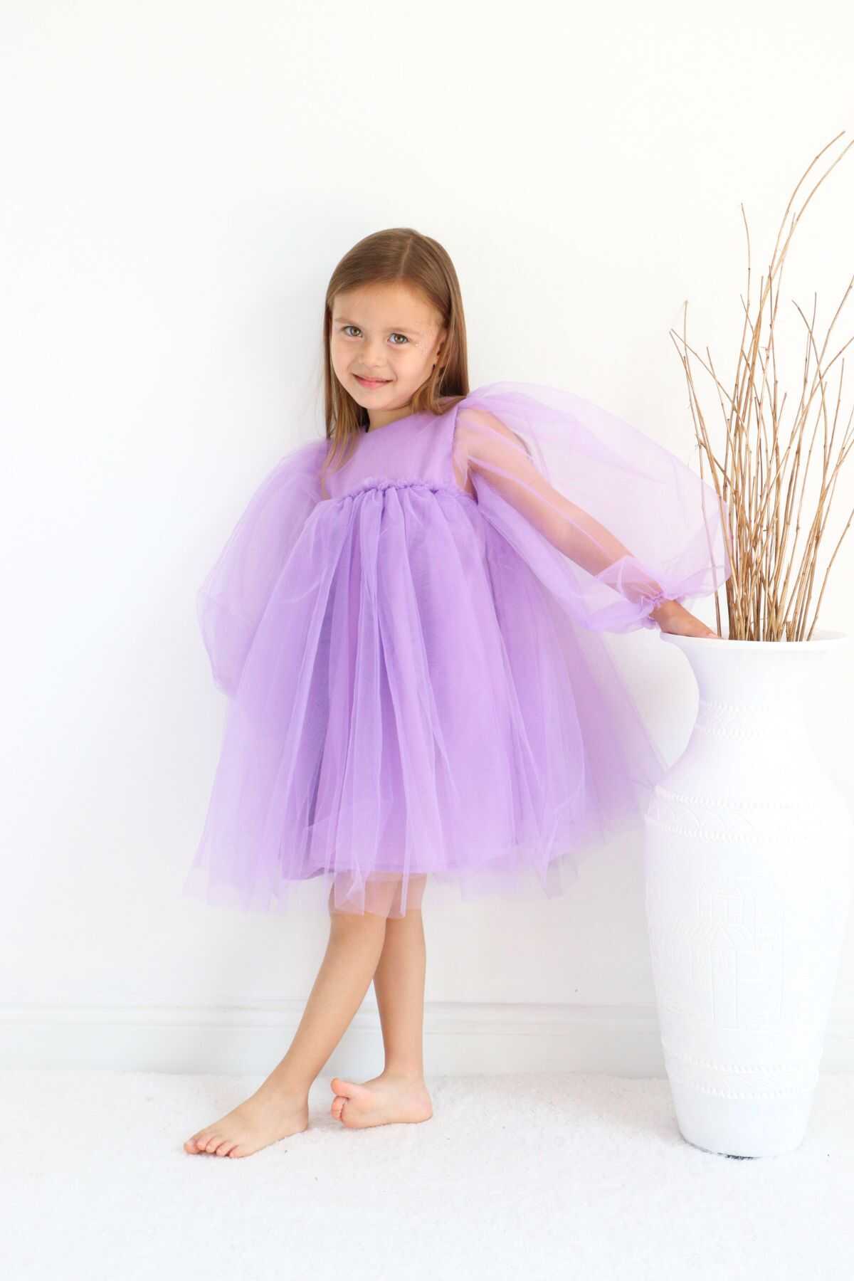 Lila Balon Tül Kol Kız Çocuk Tütü Elbise