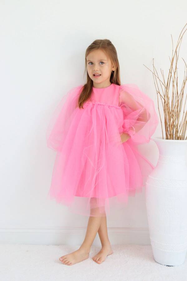 Pembe Balon Tül Kol Kız Çocuk Tütü Elbise - Thumbnail