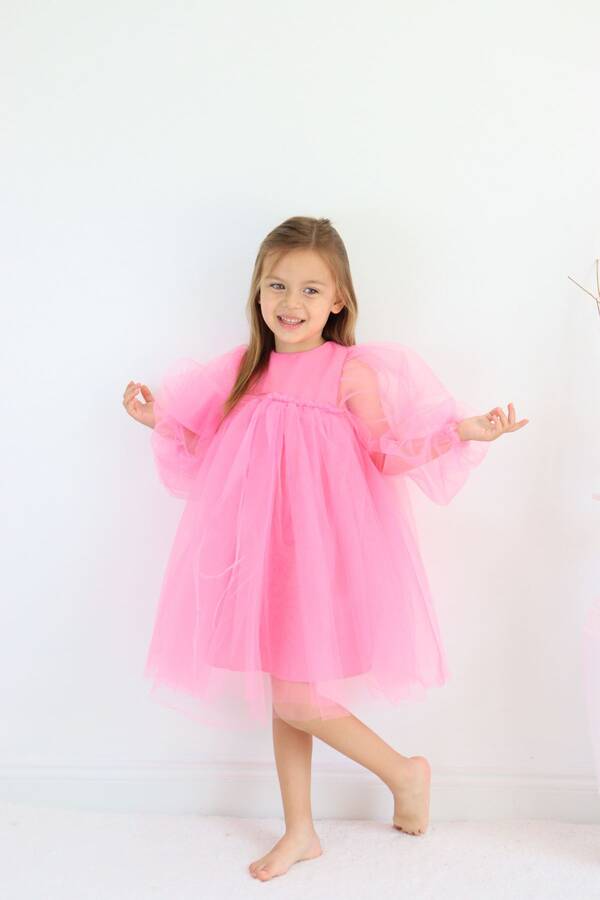 Pembe Balon Tül Kol Kız Çocuk Tütü Elbise - Thumbnail