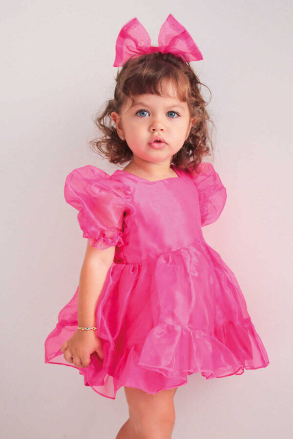 SSY22 - Barbie Pembe Cam Organze Parlak Kız Çocuk Elbise