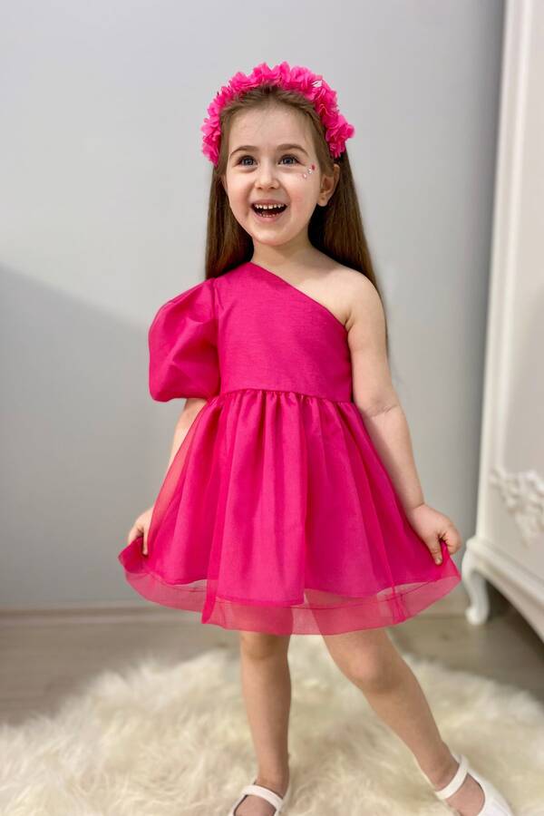 Barbie Pembe Renk ve Parıltılı Tek Omuz Organze Elbise - Thumbnail