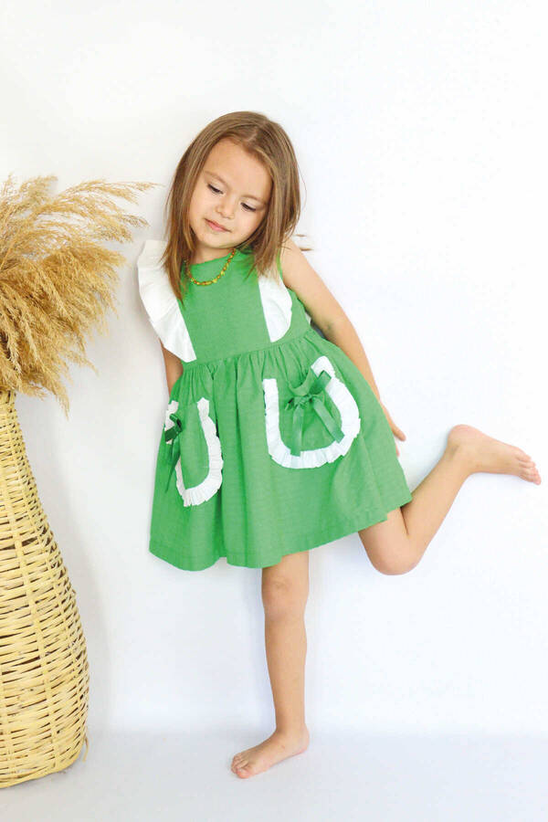 SSY22 - Benetton Yeşil Fırfırlı ve Cep Detaylı Kız Çocuk Elbise