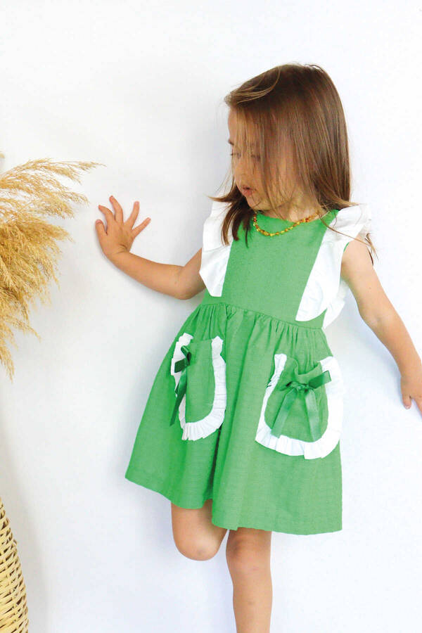 Benetton Yeşil Fırfırlı ve Cep Detaylı Kız Çocuk Elbise - Thumbnail