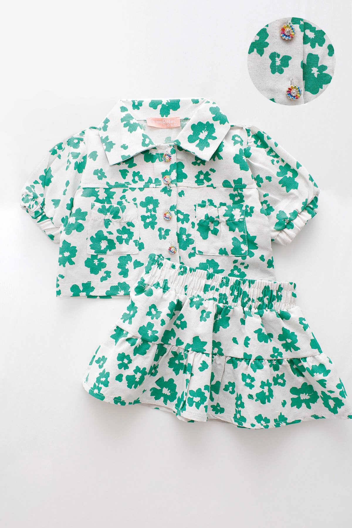 Yeşil Çiçekli Kız Çocuk Keten Kısa Kol Gömlek Etek 2'li Takım