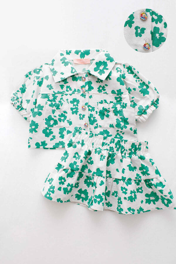 Yeşil Çiçekli Kız Çocuk Keten Kısa Kol Gömlek Etek 2'li Takım - Thumbnail