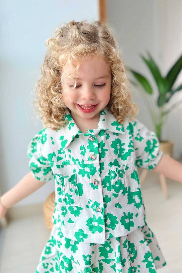Yeşil Çiçekli Kız Çocuk Keten Kısa Kol Gömlek Etek 2'li Takım - Thumbnail