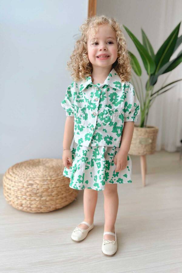 SSY22 - Yeşil Çiçekli Kız Çocuk Keten Kısa Kol Gömlek Etek 2'li Takım