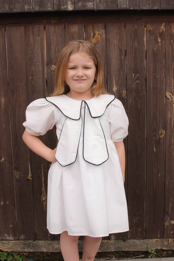 Beyaz Bahriye Yaka Detaylı Fiyonk Kız Çocuk Elbise - Thumbnail