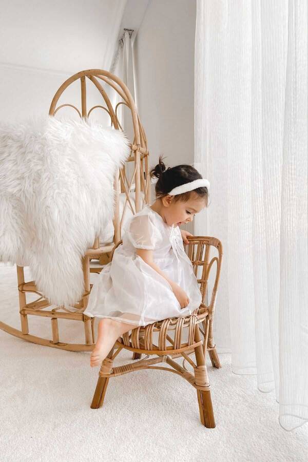 SSY22 - Beyaz Balon Kol Fiyonklu Kısa Kol Kız Çocuk Organze Elbise (1)