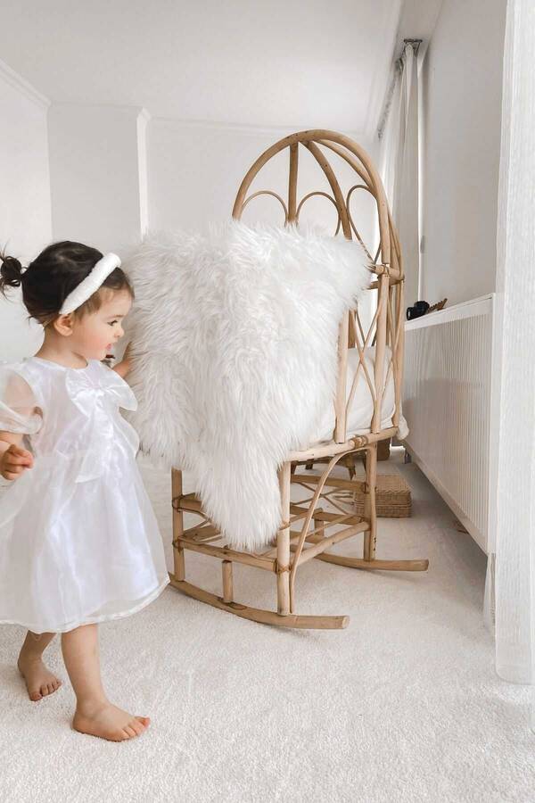 Beyaz Balon Kol Fiyonklu Kısa Kol Kız Çocuk Organze Elbise - Thumbnail