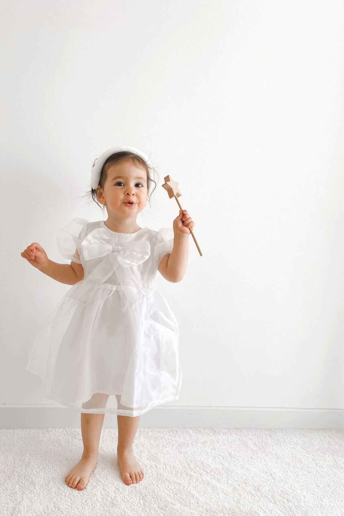 Beyaz Balon Kol Fiyonklu Kısa Kol Kız Çocuk Organze Elbise