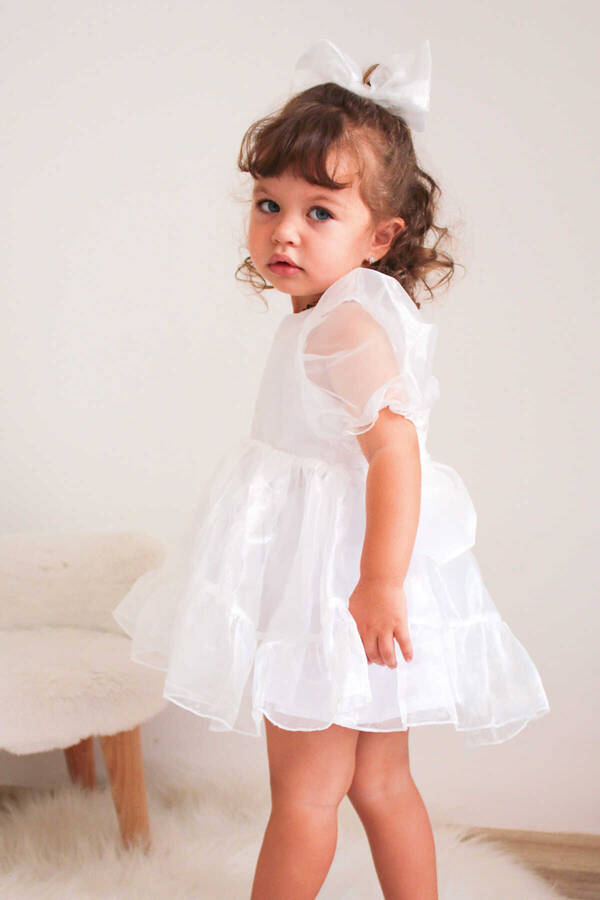 SSY22 - Beyaz Kuğu Cam Organze Parlak Kız Çocuk Elbise (1)