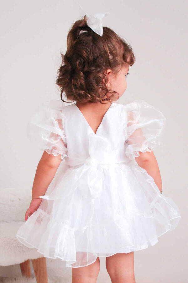 Beyaz Kuğu Cam Organze Parlak Kız Çocuk Elbise - Thumbnail