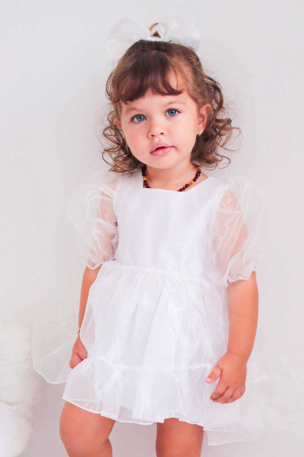 SSY22 - Beyaz Kuğu Cam Organze Parlak Kız Çocuk Elbise