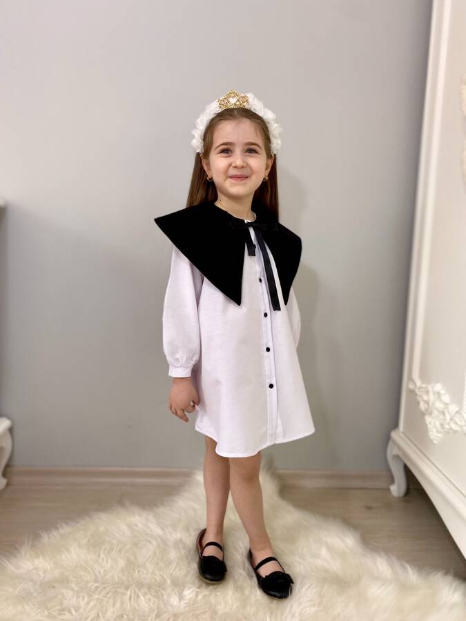 Beyaz Nostaljik Yaka Önden Düğmeli Kız Çocuk Elbise - Thumbnail