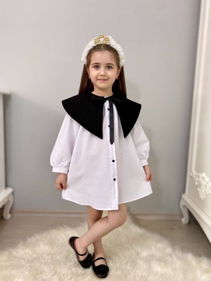 Tracc - Beyaz Nostaljik Yaka Önden Düğmeli Kız Çocuk Elbise