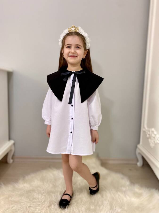 Beyaz Nostaljik Yaka Önden Düğmeli Kız Çocuk Elbise - Thumbnail