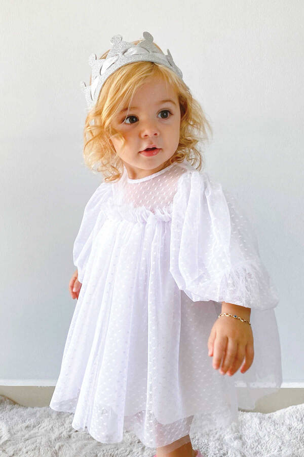 Beyaz Puantiye Detaylı Prenses Tül Elbise - Thumbnail