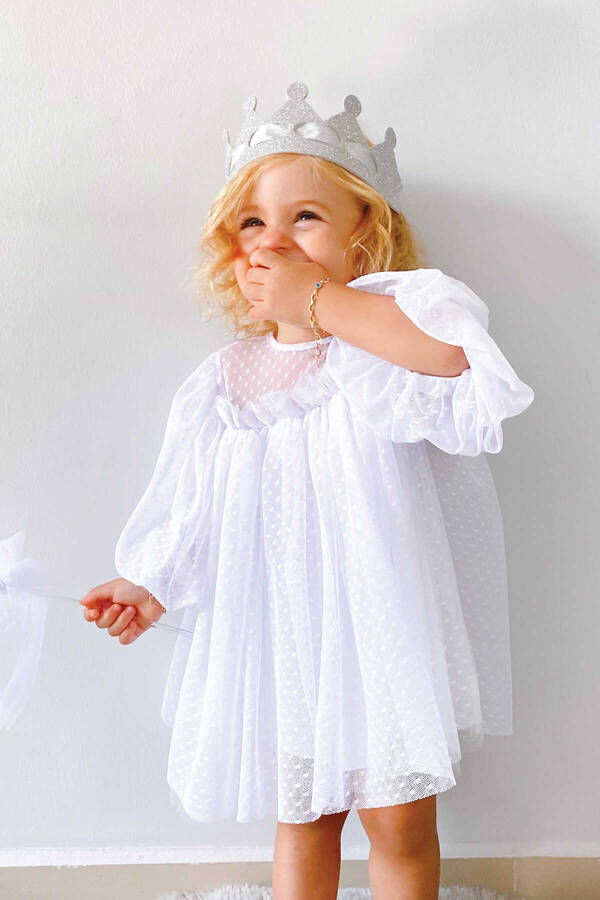 Beyaz Puantiye Detaylı Prenses Tül Elbise - Thumbnail