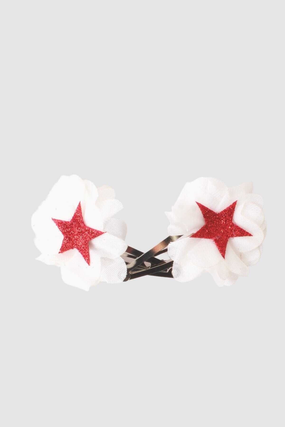 Beyaz Şifon Çiçek ve Yıldızlı 2'li Klips Toka Set