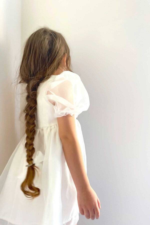 Beyaz ve Parıltılı Omzu Tül Organze Elbise - Thumbnail