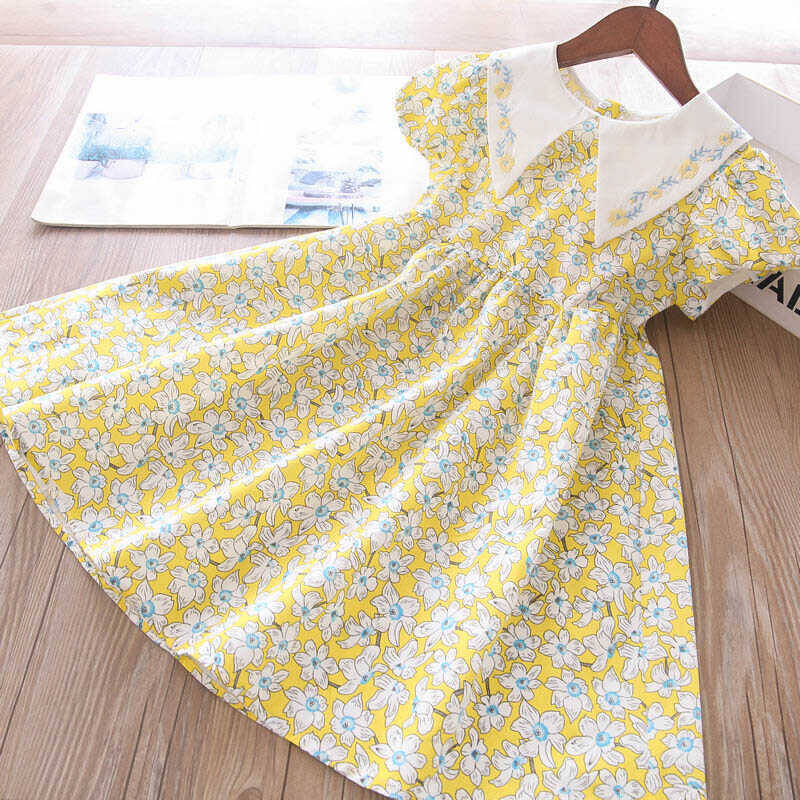Beyaz Yaka Detaylı Sarı Çiçekli Elbise - Thumbnail