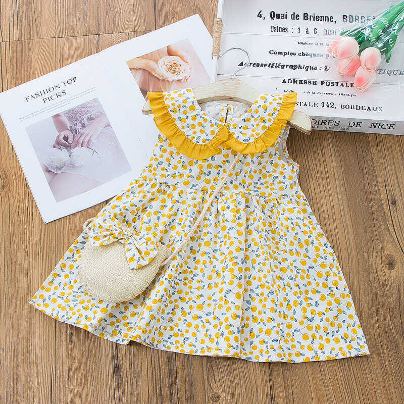 SS212 - Çiçek Desenli Sarı Yaka Detaylı Elbise Ve Çanta 2'li Set