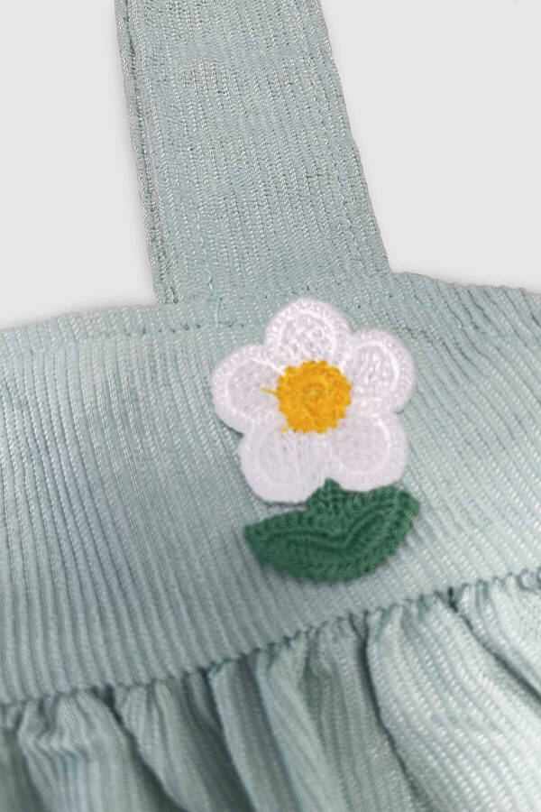 FW21 - Çiçek Detaylı Kadife Askılı Mint Yeşili Kız Çocuk Jile Elbise (1)