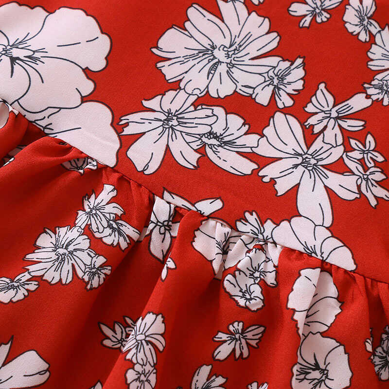 Çiçek Detaylı Kırmızı Elbise - Thumbnail