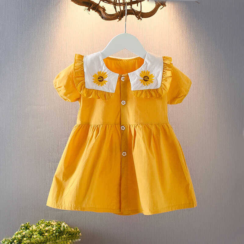 Çiçek Yaka Düğme Detaylı Sarı Elbise - Thumbnail