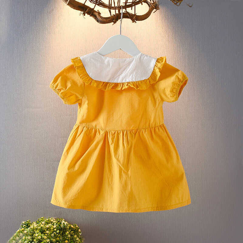Çiçek Yaka Düğme Detaylı Sarı Elbise - Thumbnail