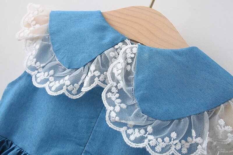 Çilek Detaylı Dantel Yaka Mavi Elbise - Thumbnail