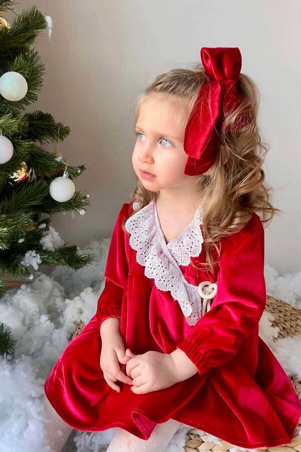 FW21 - Dantel Detaylı Bordo Simli Esnek Kadife Kız Çocuk Elbise
