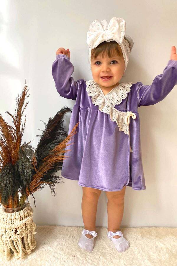 FW21 - Dantel Detaylı Lila Simli Esnek Kadife Kız Çocuk Elbise