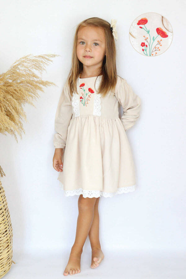 FW21 - Dantel Detaylı Nakışlı Bej Kız Çocuk Elbise