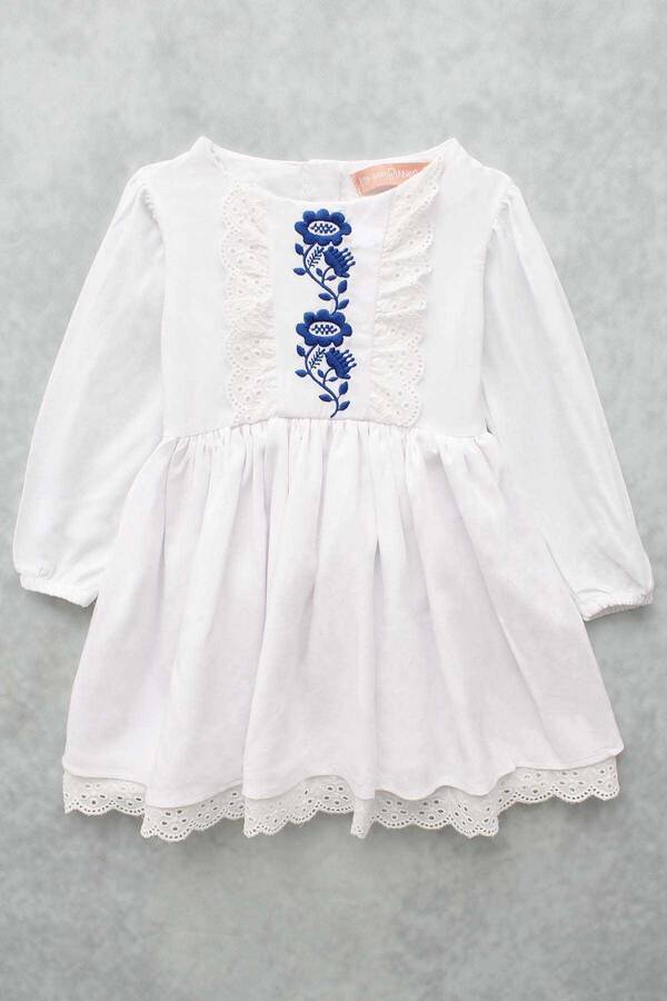 FW21 - Dantel Detaylı Nakışlı Beyaz Kız Çocuk Elbise