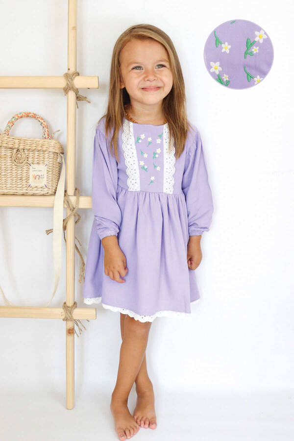 FW21 - Dantel Detaylı Nakışlı Lila Kız Çocuk Elbise