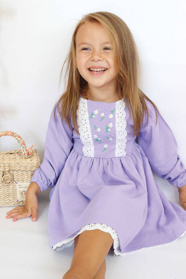 Dantel Detaylı Nakışlı Lila Kız Çocuk Elbise - Thumbnail