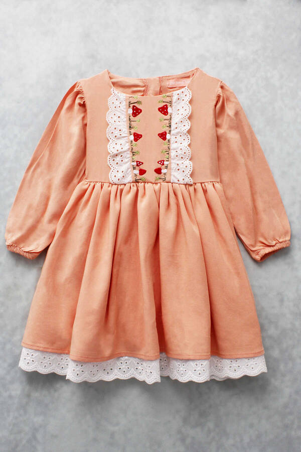 FW21 - Dantel Detaylı Nakışlı Somon Kız Çocuk Elbise