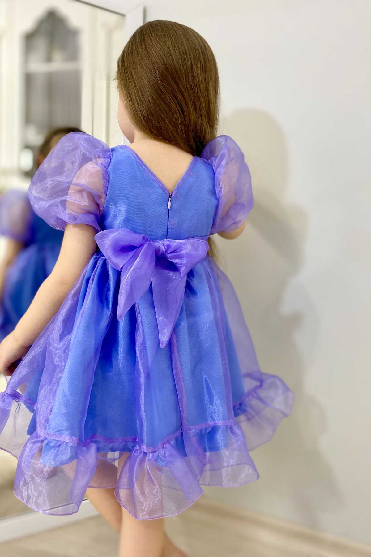 Ebruli Mavi-Mor Cam Organze Kız Çocuk Elbise