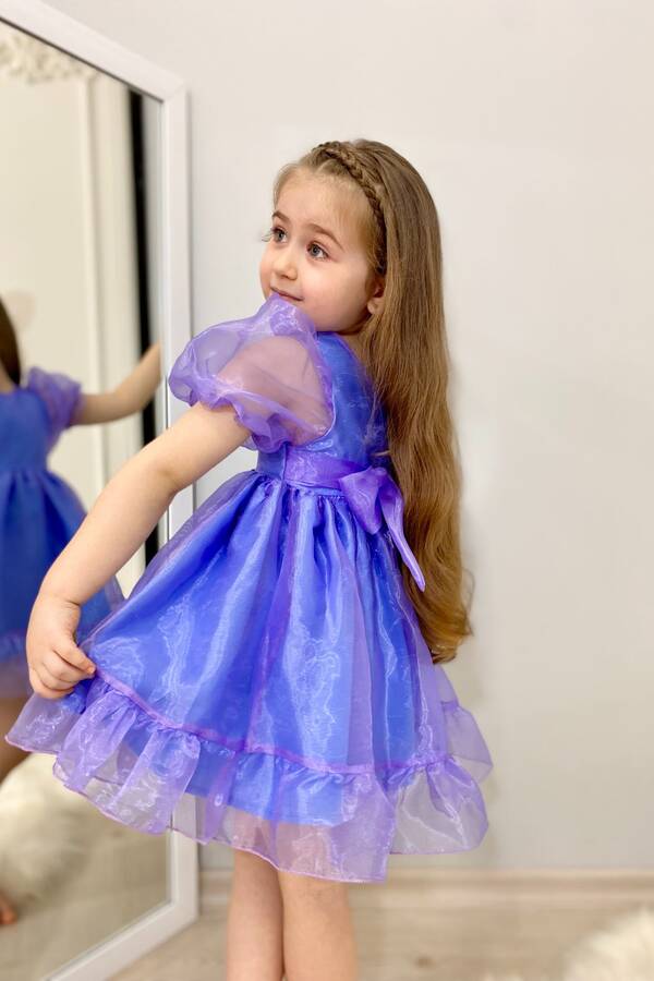 Ebruli Mavi-Mor Cam Organze Kız Çocuk Elbise - Thumbnail