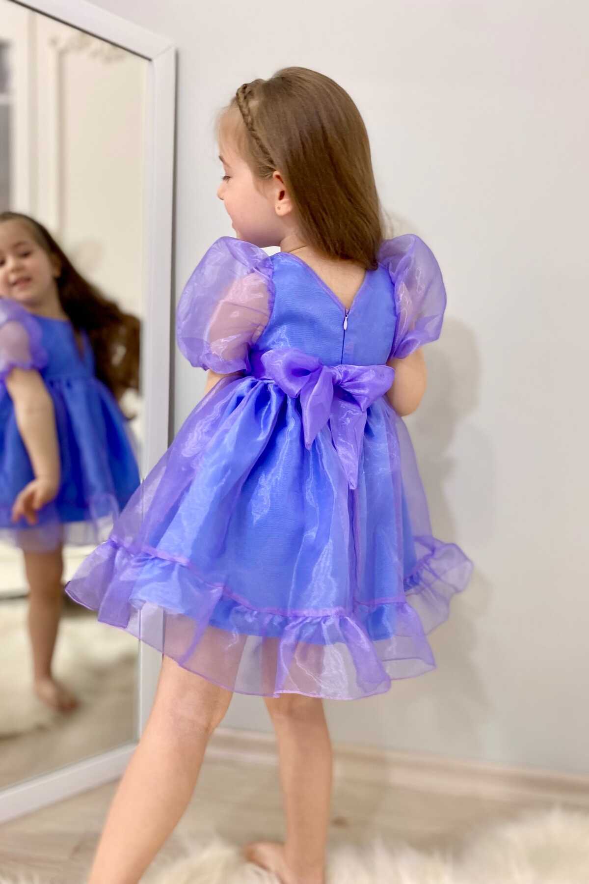 Ebruli Mavi-Mor Cam Organze Kız Çocuk Elbise