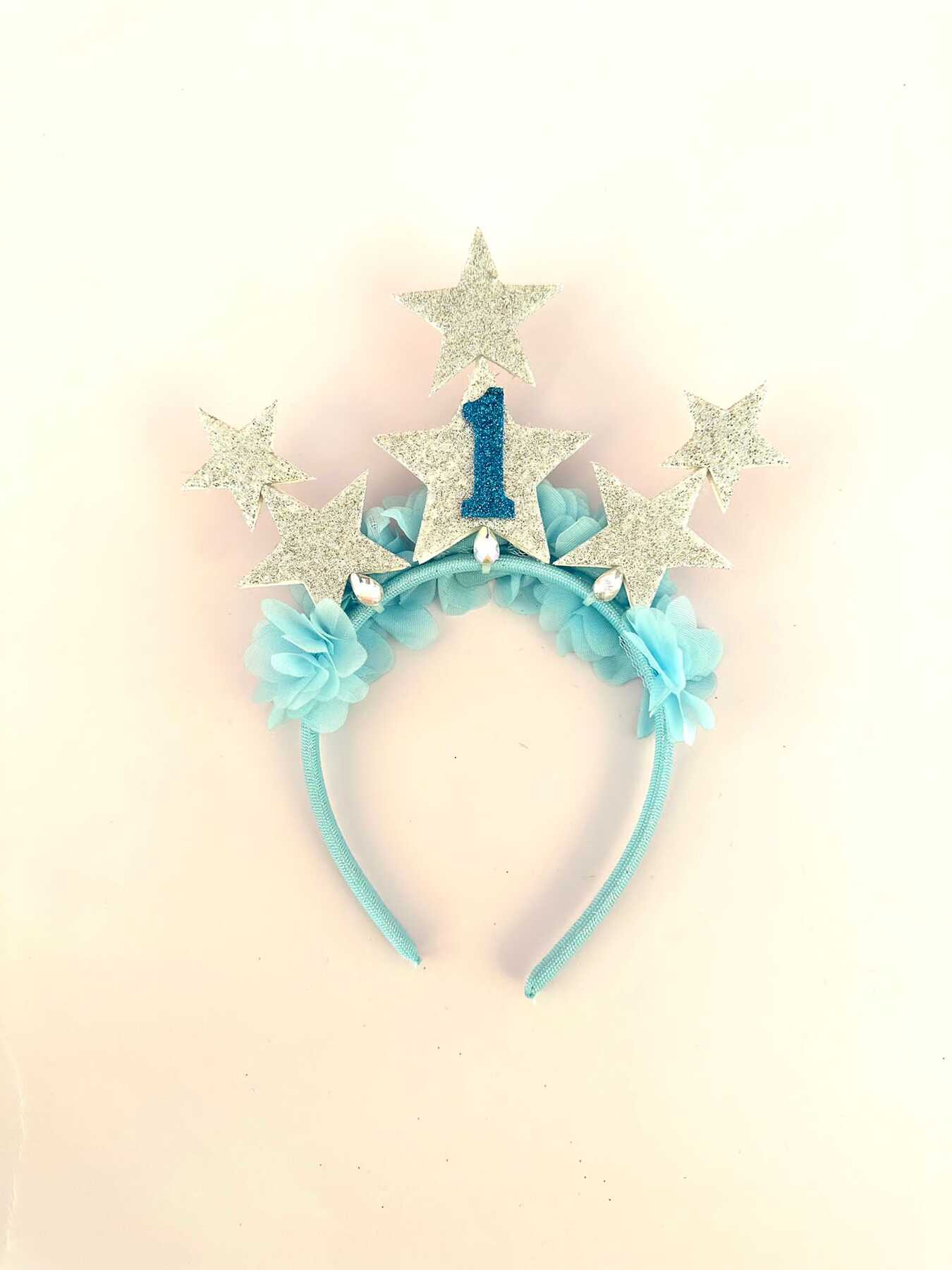 Elsa Mavi Tül Çiçekli Simli Gümüş Yıldız Aksesuarlı Taç. Yaş Seçiniz